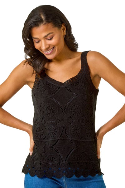 Roman Black Cotton Crochet Knit Vest Top