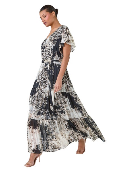 Roman Brown Animal Print Shimmer Tiered Maxi Dress