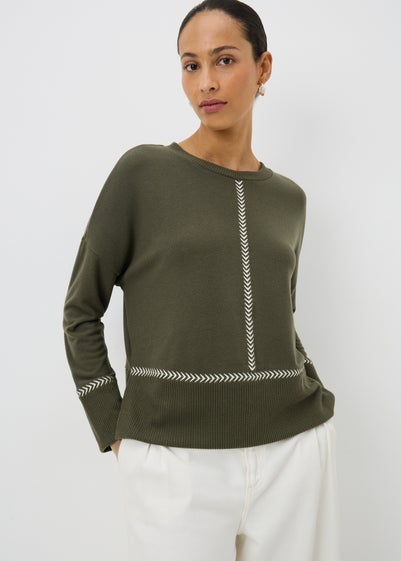 Dark Green Contrast Stitch Jumper