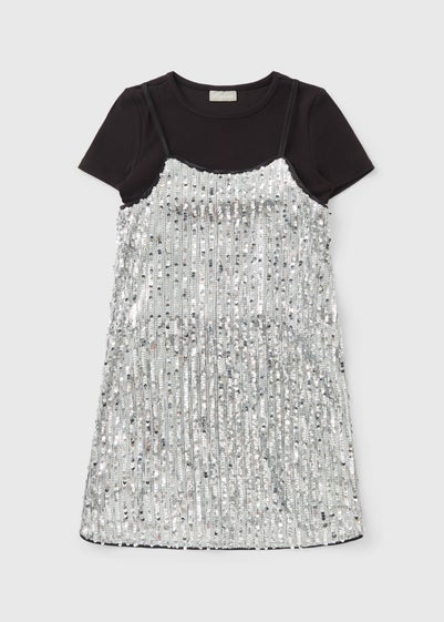 Girls Silver Sequin 2 In 1 T-Shirt Dress (7-15yrs)