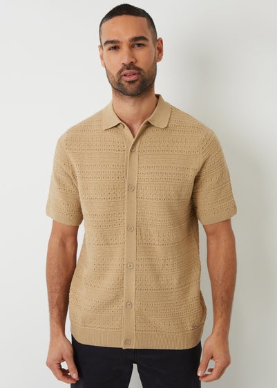 Threadbare Brown Textured Button Through Knitted Shirt