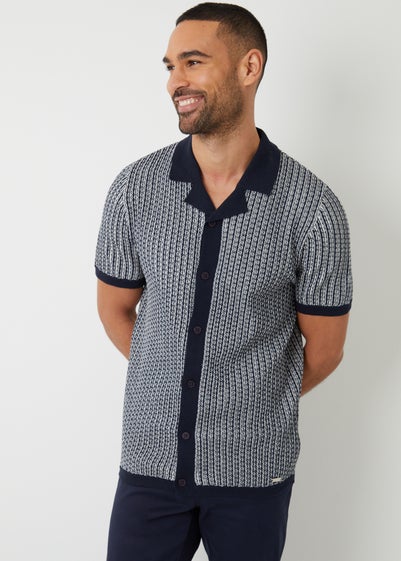 Threadbare Navy Textured Stripe Revere Collar Knitted Shirt