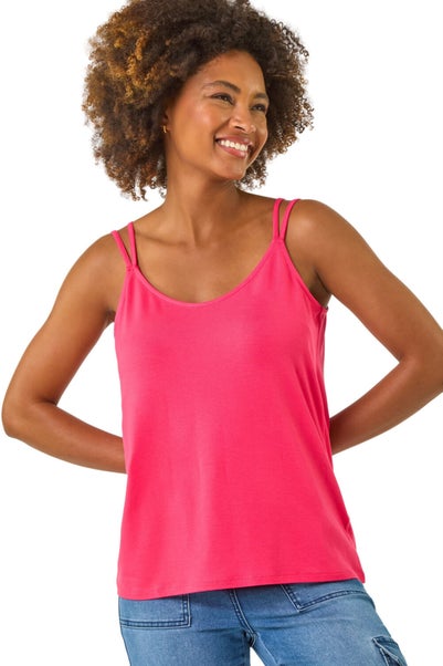 Roman Pink Plain Double Strap Stretch Vest Top