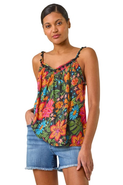 Roman Red Floral Printed Pom Pom Cami Top