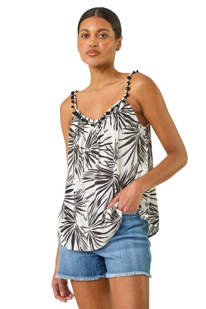Roman Black Palm Leaf Print Pom Pom Cami Top