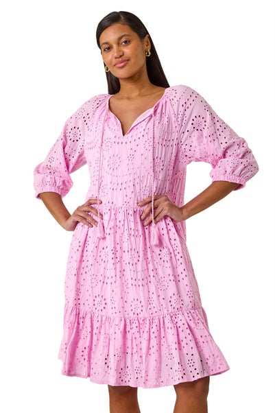 Roman Pink Cotton Broderie Tiered Smock Dress