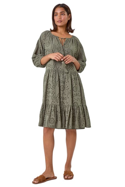 Roman Khaki Cotton Broderie Tiered Smock Dress