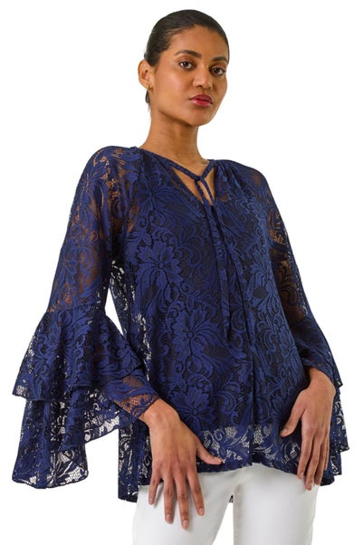 Roman Blue Tie Neck Lace Detail Top