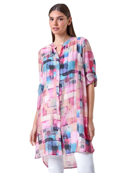Roman Pink Abstract Print Longline Blouse