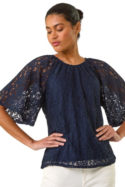 Roman Navy Lace Angel Sleeve Top