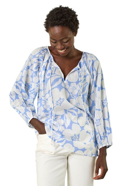 Roman Blue Floral Print Tie Neck Tunic Top