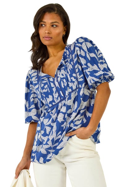 Roman Blue Leaf Print Tie Neck Pleated Top