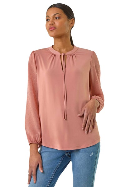 Roman Peach Tie Neck Shimmer Dobby Sleeve Top