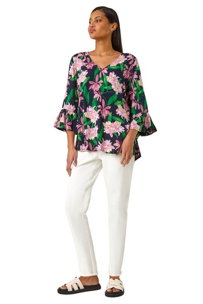 Roman Pink Floral Flare Sleeve Top