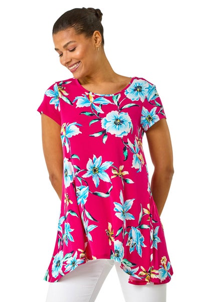 Roman Fuchsia Floral Print Hanky Hem Stretch Tunic Top