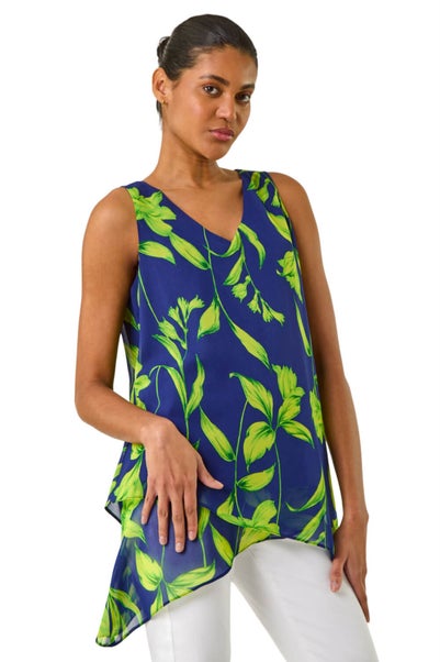Roman Navy Floral Print Wrap Overlay Top