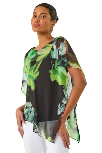 Roman Green Floral Print Asymmetric Overlay Top