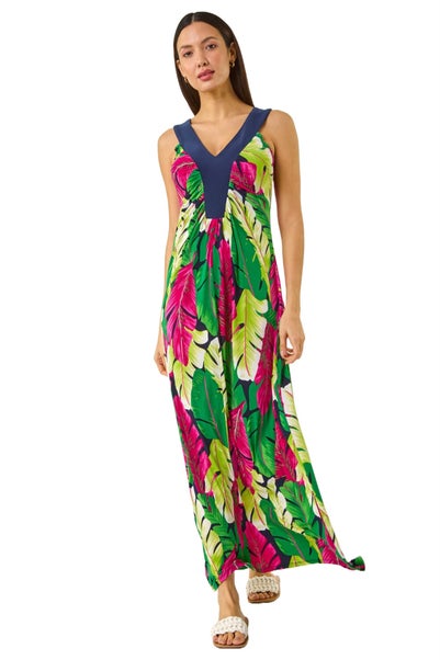 Roman Green Leaf Print Contrast Band Maxi Dress