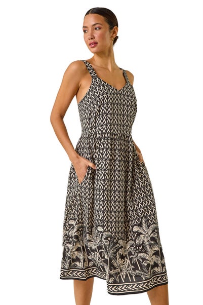 Roman Black Palm Border Print Midi Sundress