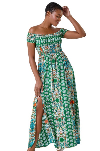 Roman Green Patchwork Shirred Bardot Maxi Dress