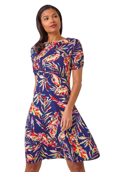Roman Navy Leaf Print Short Dress