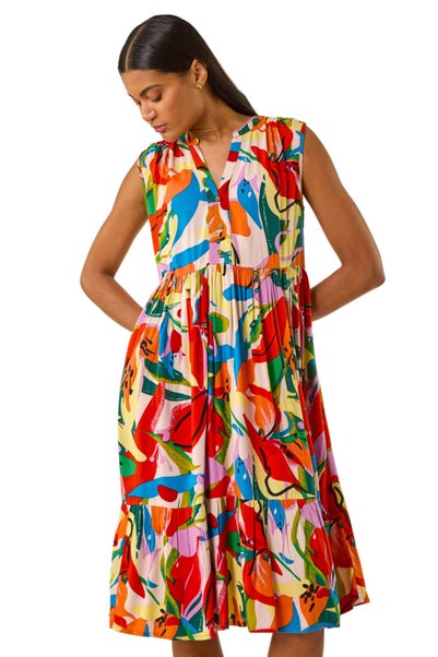 Roman Multi Abstract Print Tiered Midi Dress