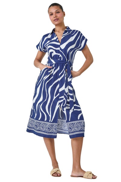 Roman Navy Animal Border Print Pocket Midi Dress