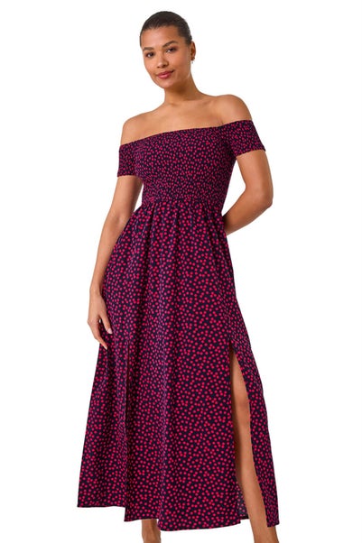 Roman Pink Spot Print Shirred Bardot Maxi Dress