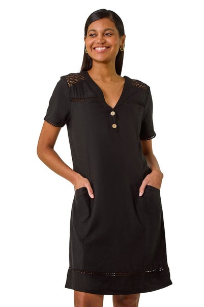 Roman Black Linen Mix Button Shift Dress