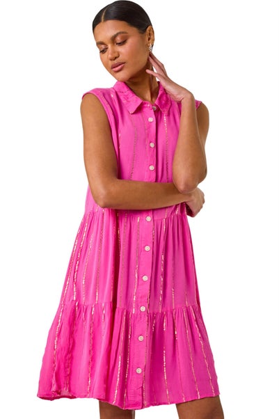 Roman Fuchsia Shimmer Button Through Shirt Dress