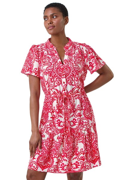 Roman Red Floral Print Frill Hem Shirt Dress