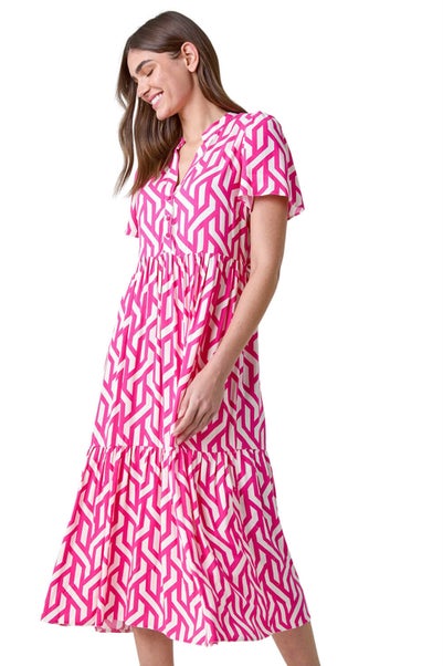 Roman Pink Geometric Print Tiered Midi Dress
