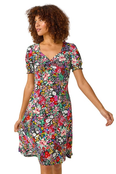 Roman Multi Floral Print Ruched Stretch Dress
