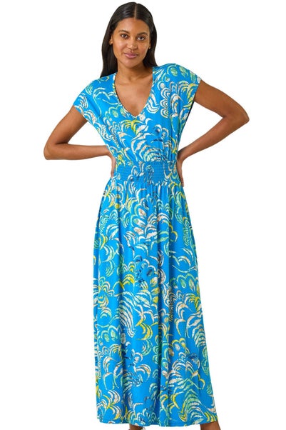 Roman Blue Abstract Ruched Maxi Dress
