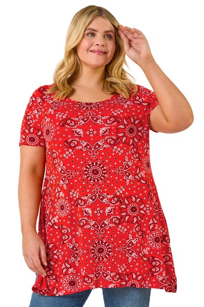 Roman Orange Curve Paisley Print Bar Back Top