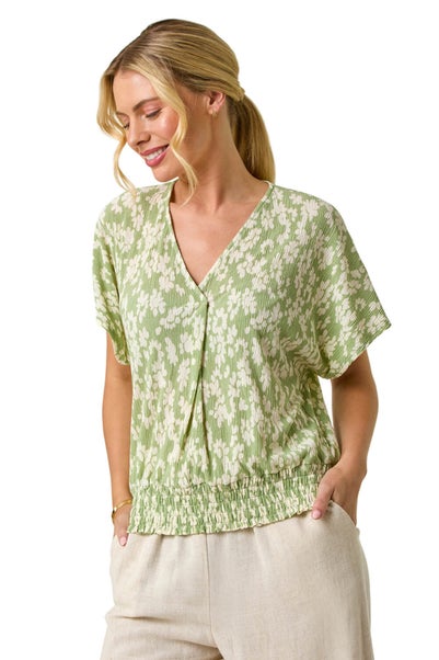 Roman Sage Petite Floral Print Crinkle Blouson Top