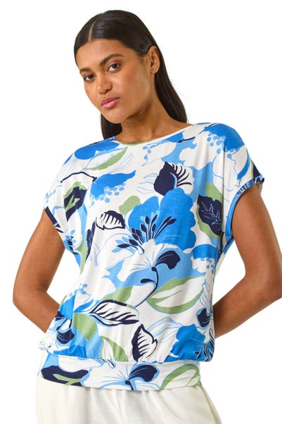 Roman Blue Floral Print Short Sleeve Top