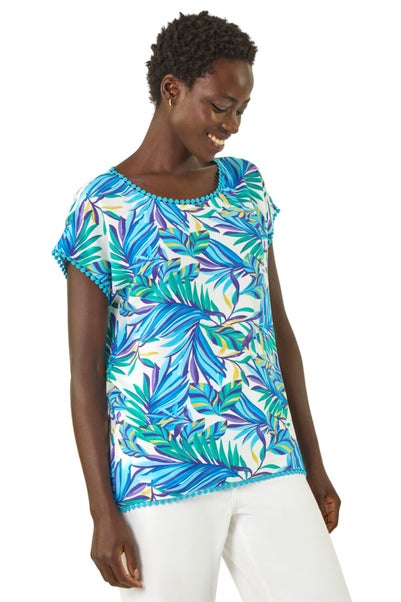 Roman Blue Tropical Leaf Bobble Trim Top