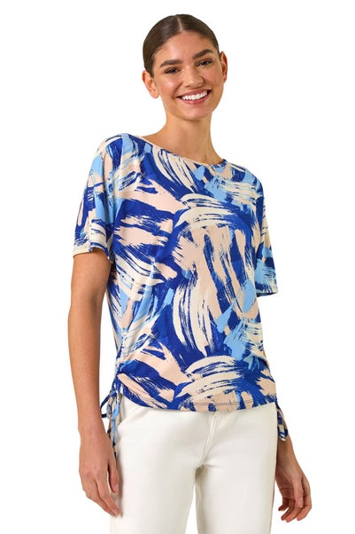 Roman Blue Abstract Print Side Tie Detail Top