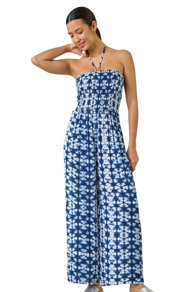 Roman Navy Abstract Shirred Bardot Jumpsuit