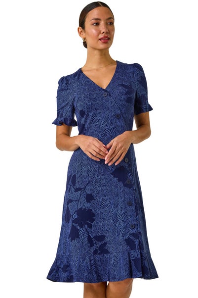 Roman Navy Floral Side Button Dress