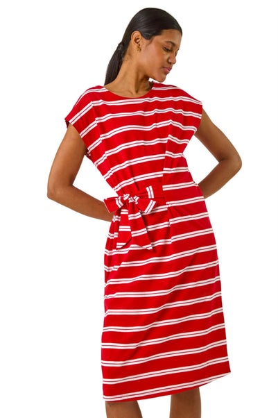 Roman Red Stripe Tie Side Stretch Midi Dress