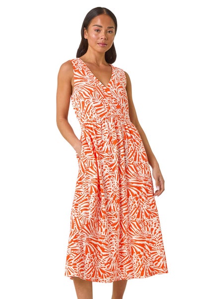 Roman Coral Petite Linen Mix Midi Dress