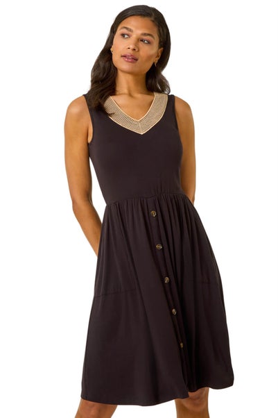Roman Black Contrast V Neck Stretch Midi Dress