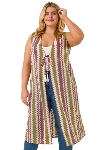 Roman Purple Curve Zig Zag Crochet Longline Waistcoat
