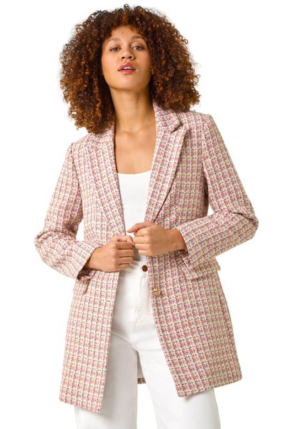 Roman Pink Check Single Breasted Boucle Jacket
