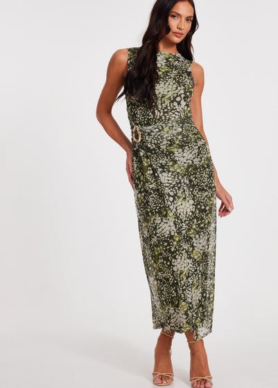Quiz Khaki Mesh Animal Print Midaxi Dress