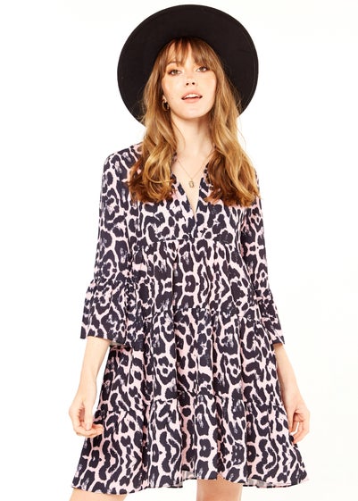 Gini London Pink Animal Print Smock Oversized Tiered Mini Dress