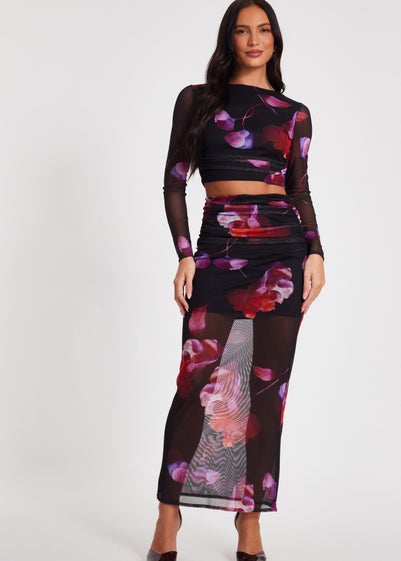 Quiz Black Floral Mesh Crop Top