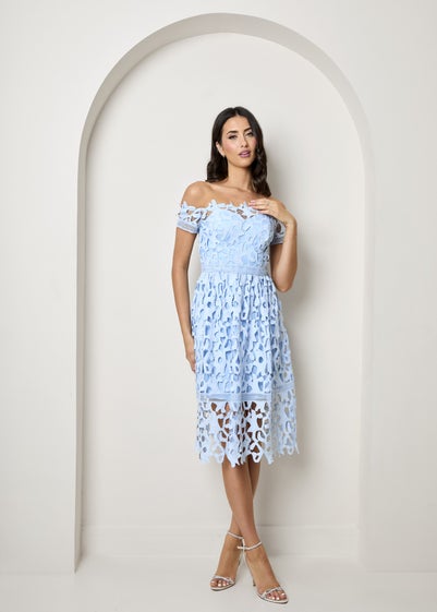 Chi Chi London Blue Bardot Lace Midi Crochet Dress